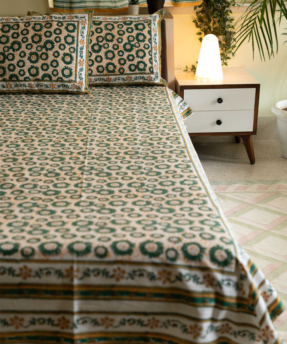 White dark green block printed sanganeri cotton double bed bedsheet