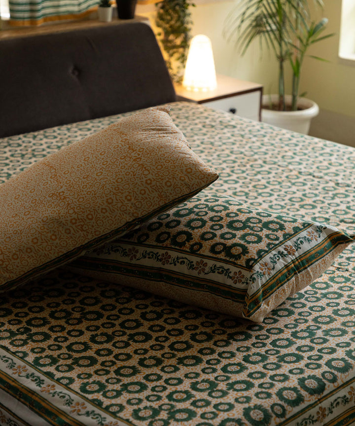 White dark green block printed sanganeri cotton double bed bedsheet
