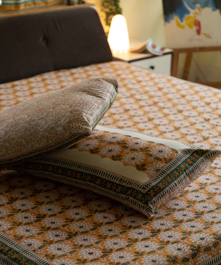 White yellow all over block print cotton double bed bedsheet
