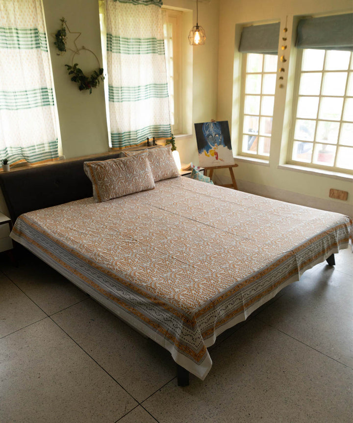 White brown block printed sanganeri cotton double bed bedsheet