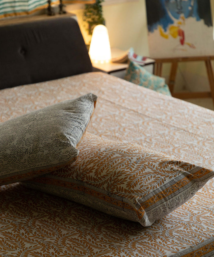 White brown block printed sanganeri cotton double bed bedsheet