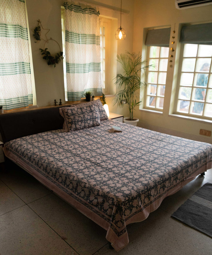 Dark blue hand block printed sanganeri cotton double bed bedsheet