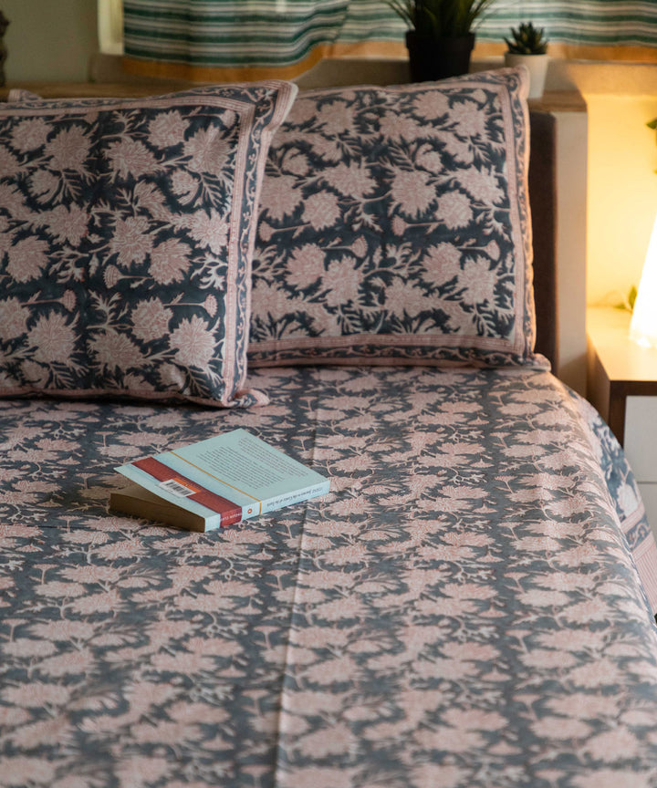 Dark blue hand block printed sanganeri cotton double bed bedsheet