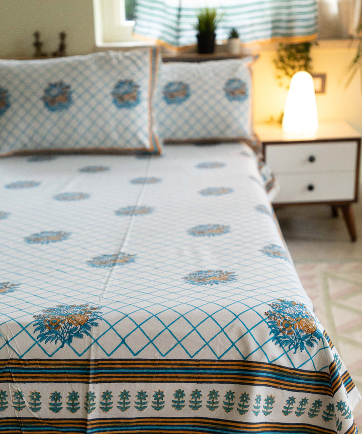 White sky blue cotton block printed sanganeri double bed bedsheet