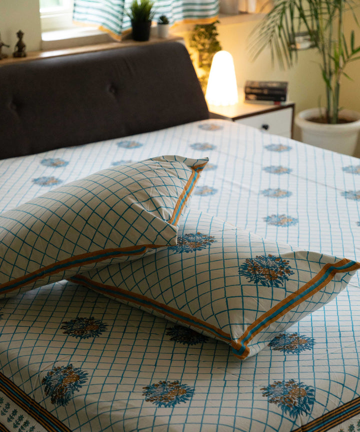 White sky blue cotton block printed sanganeri double bed bedsheet
