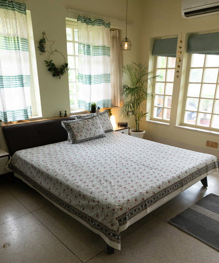 White grey cotton block printed sanganeri double bed bedsheet