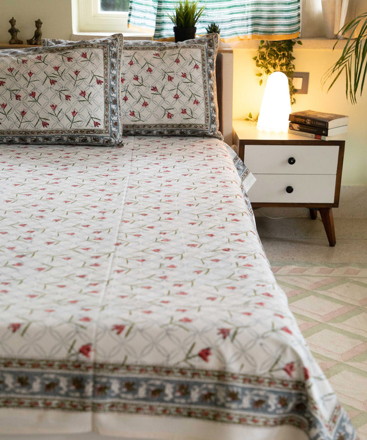 White grey cotton block printed sanganeri double bed bedsheet