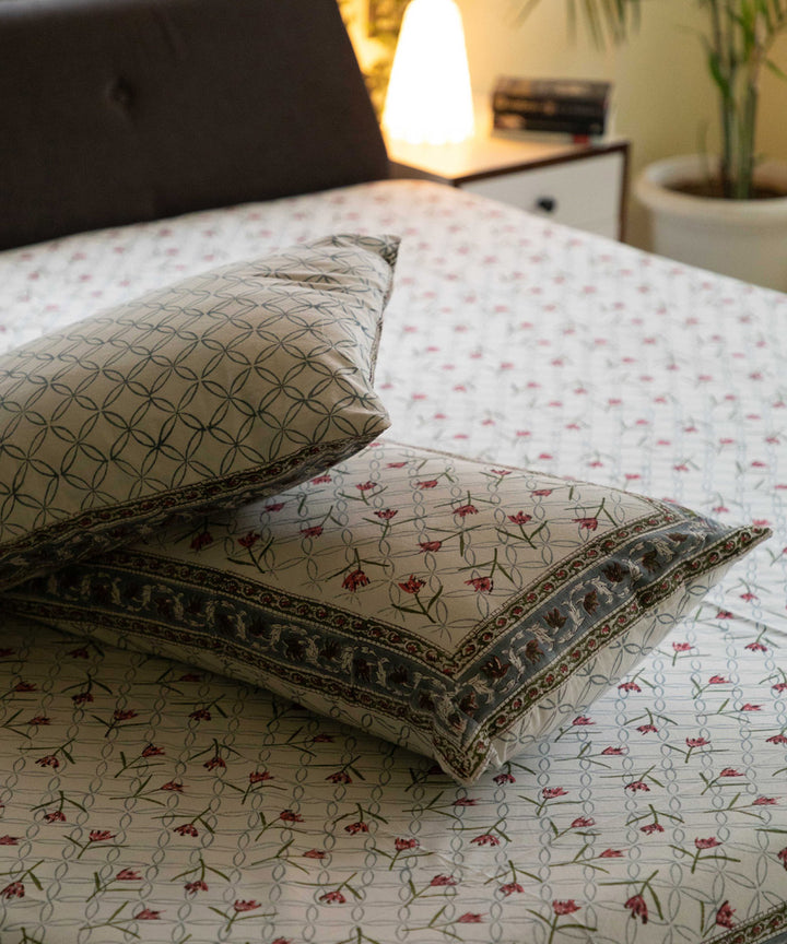 White grey cotton block printed sanganeri double bed bedsheet