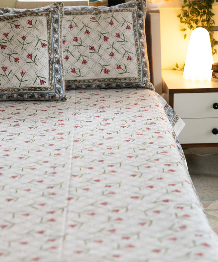 White grey cotton block printed sanganeri double bed bedsheet