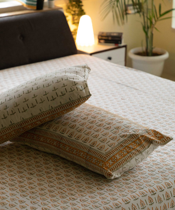 White yellow motif block printed sanganeri double bed bedsheet