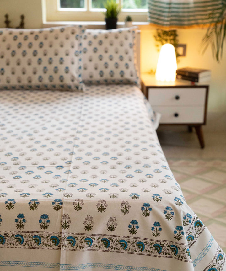 White blue hand block printed sanganeri double bed bedsheet