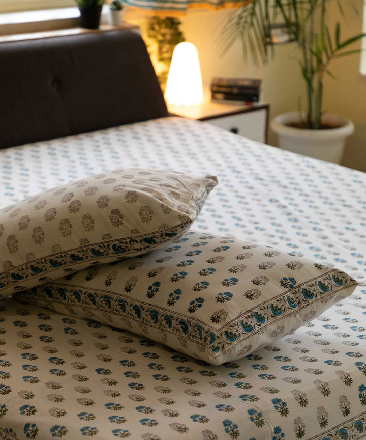 White blue hand block printed sanganeri double bed bedsheet