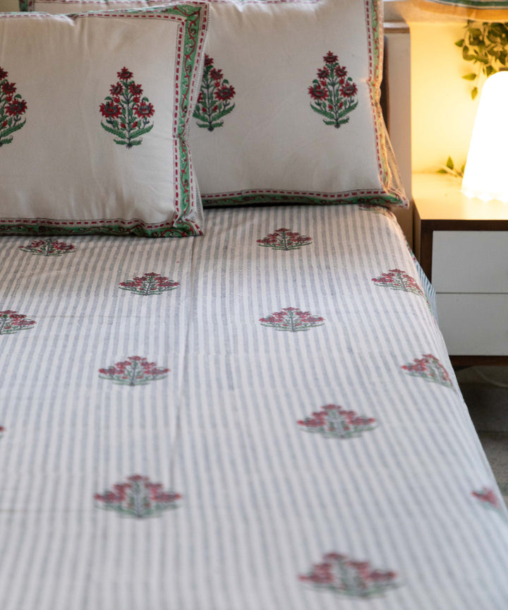 White grey striped block printed sanganeri double bed bedsheet