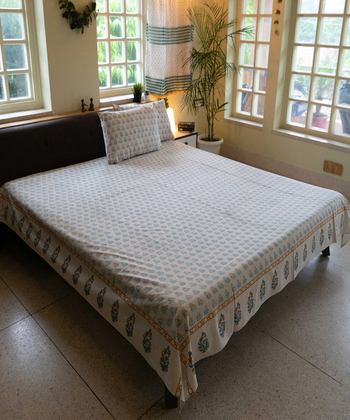 White blue hand block printed cotton double bed bedsheet