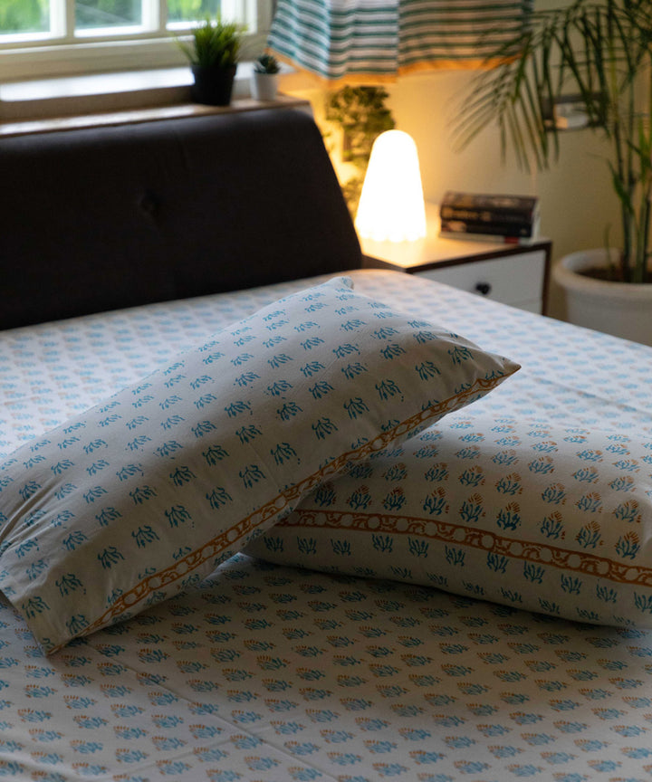 White blue hand block printed cotton double bed bedsheet