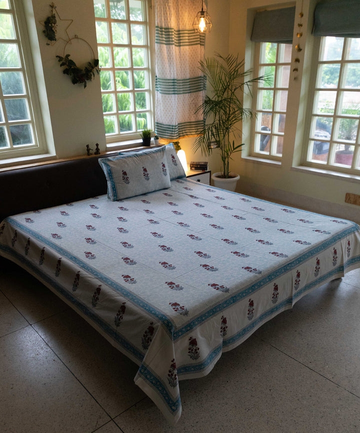 White over blue block printed sanganeri cotton double bed bedsheet