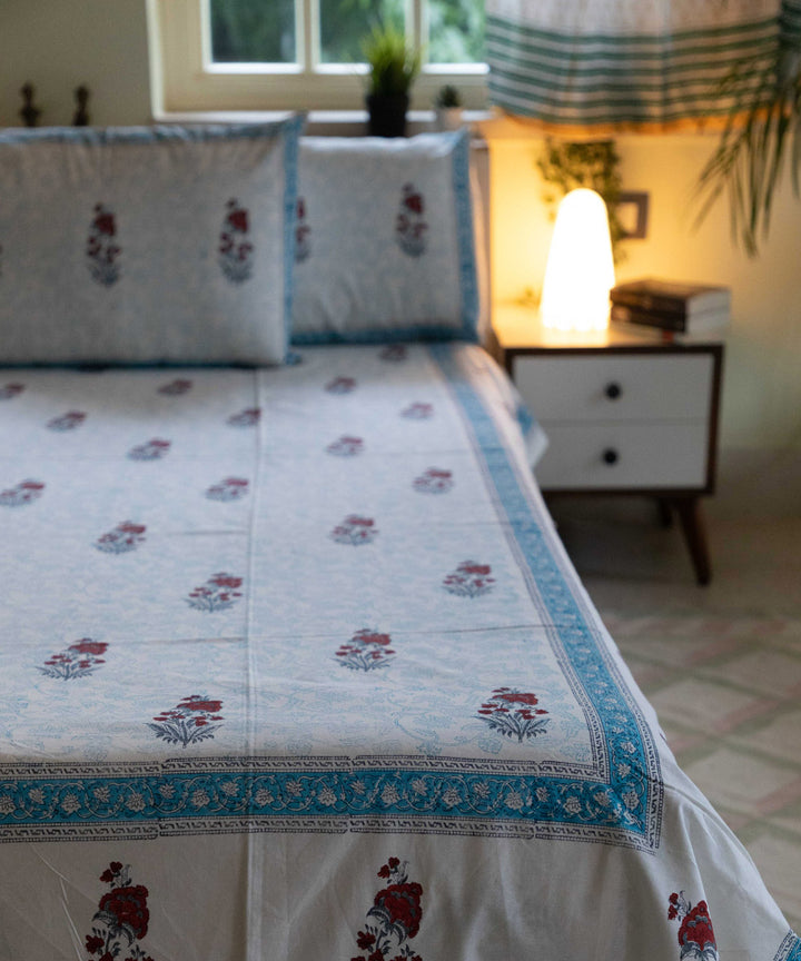 White over blue block printed sanganeri cotton double bed bedsheet