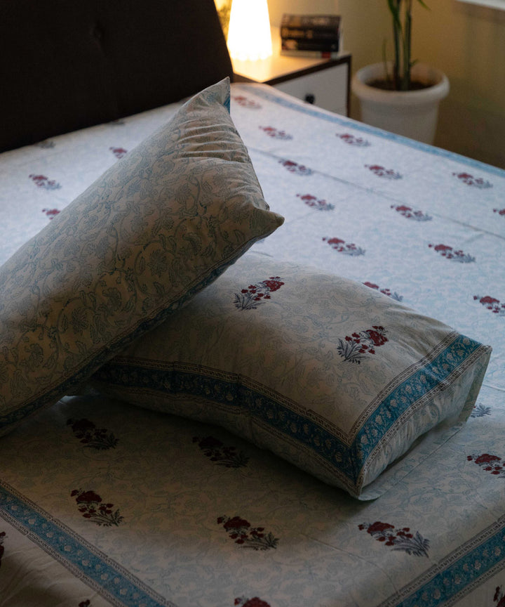 White over blue block printed sanganeri cotton double bed bedsheet