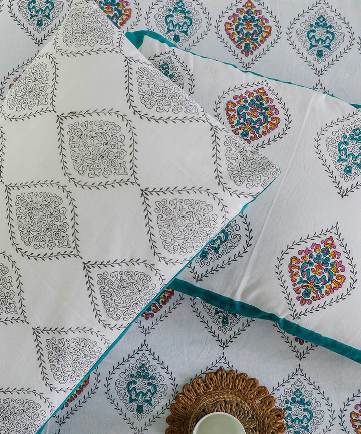 White teel block printed sanganeri cotton double bed bedsheet