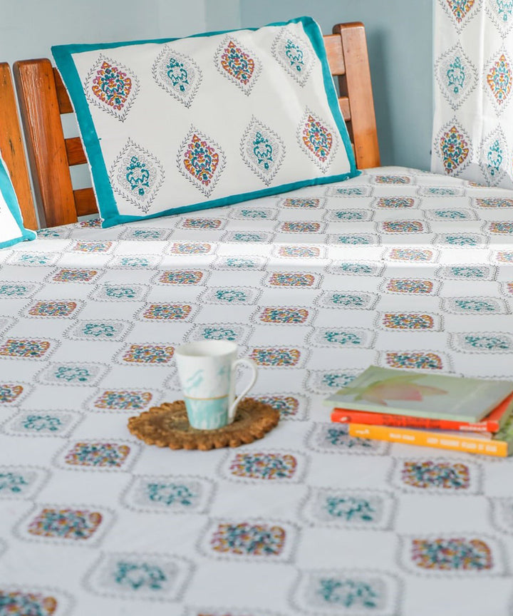 White teel block printed sanganeri cotton double bed bedsheet