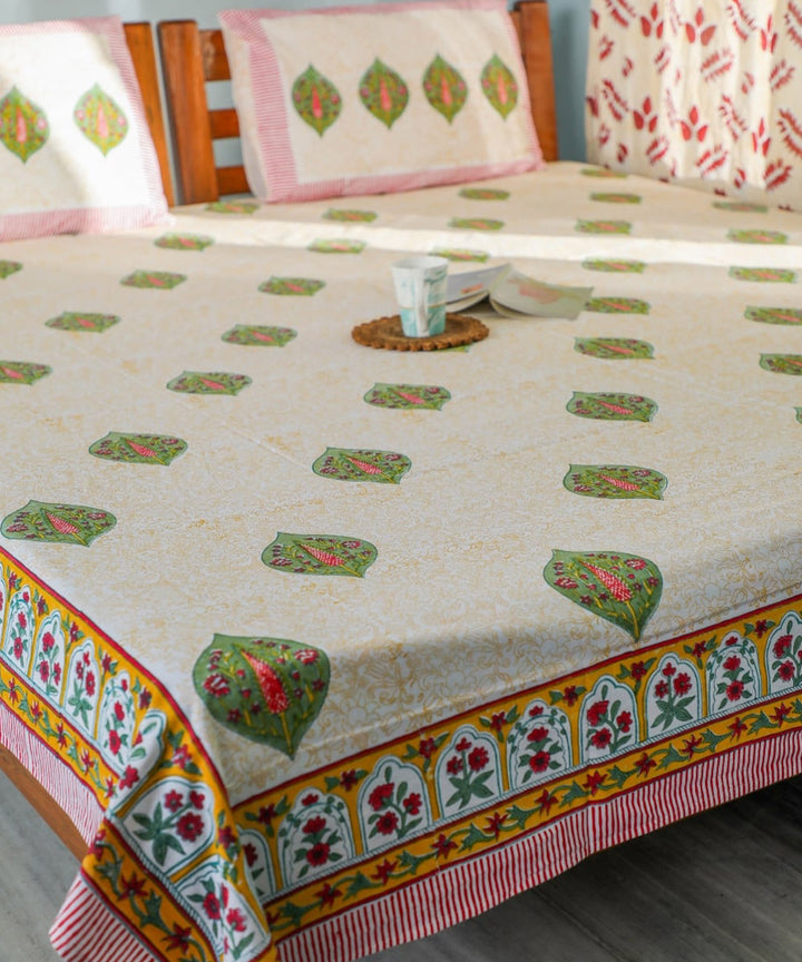 White yellow sanganeri block printed cotton double bed bedsheet