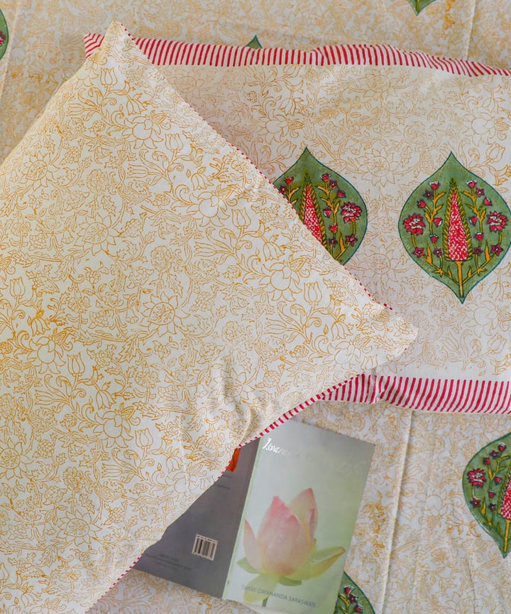 White yellow sanganeri block printed cotton double bed bedsheet