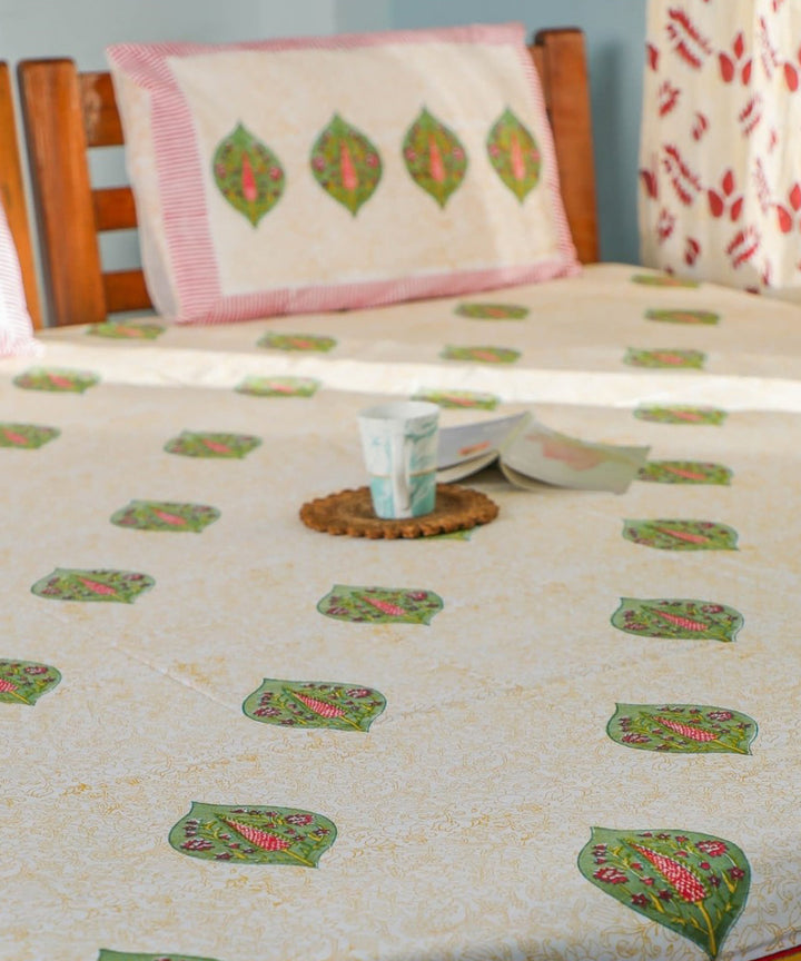 White yellow sanganeri block printed cotton double bed bedsheet