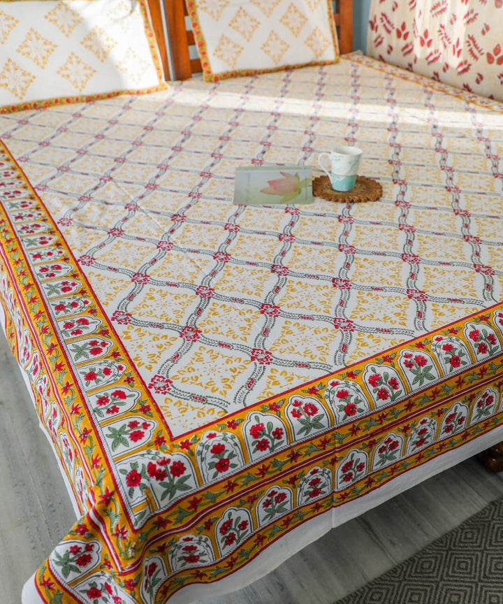 White yellow sanganeri block printed double bed bedsheet