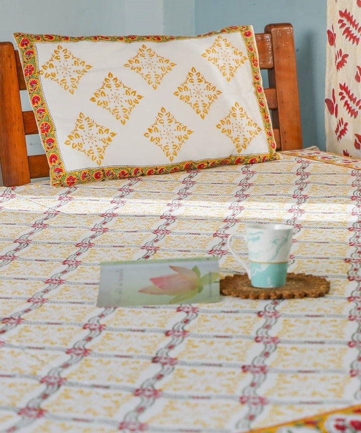 White yellow sanganeri block printed double bed bedsheet