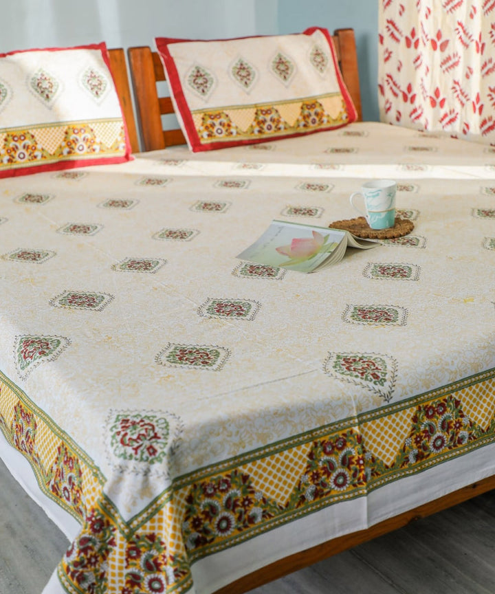 White yellow sanganeri block print double bed bedsheet