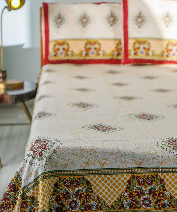 White yellow sanganeri block print double bed bedsheet