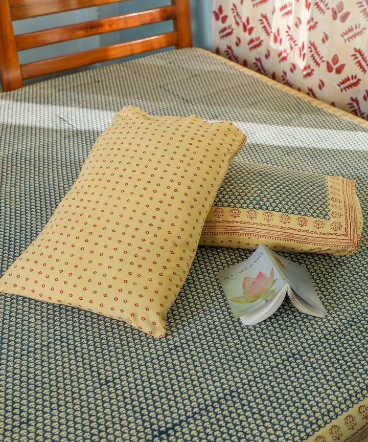 White blue all over block printed sanganeri double bed bedsheet