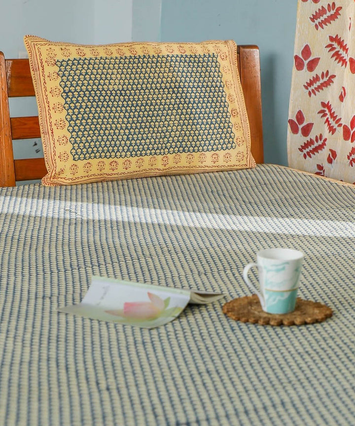 White blue all over block printed sanganeri double bed bedsheet