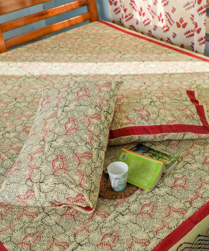 White yellow hand block printed sanganeri cotton double bed bedsheet