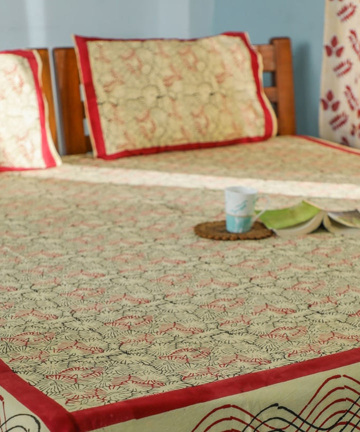 White yellow hand block printed sanganeri cotton double bed bedsheet