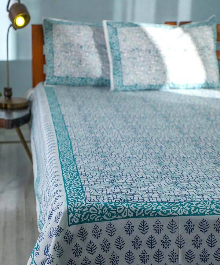 White teel hand block printed sanganeri cotton double bed bedsheet