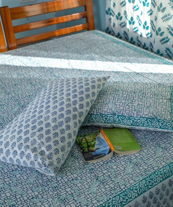 White teel hand block printed sanganeri cotton double bed bedsheet