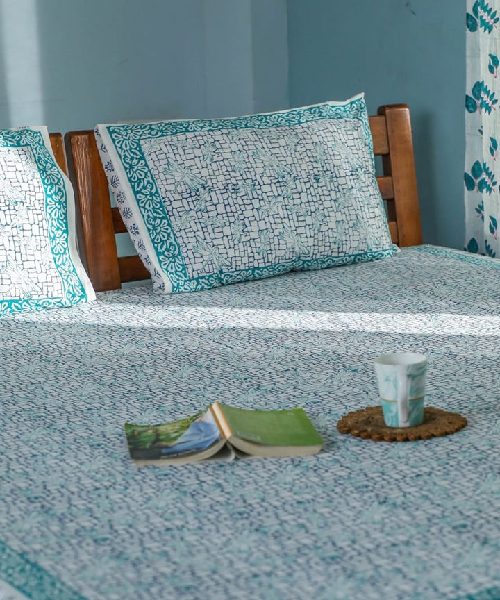 White teel hand block printed sanganeri cotton double bed bedsheet