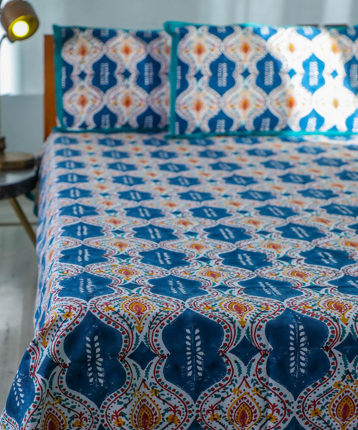 White blue hand block printed sanganeri cotton double bed bedsheet