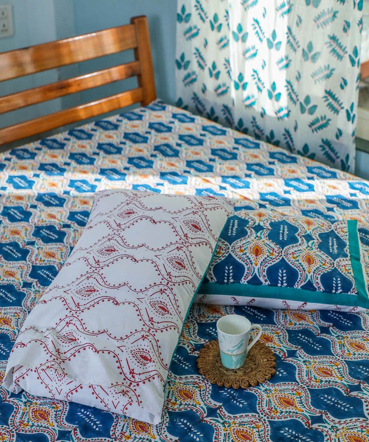 White blue hand block printed sanganeri cotton double bed bedsheet