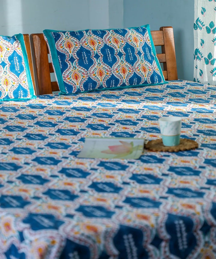 White blue hand block printed sanganeri cotton double bed bedsheet