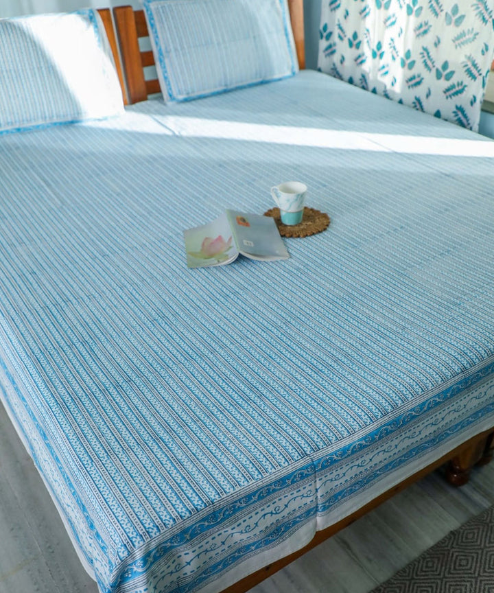 White blue block printed sanganeri cotton double bed bedsheet