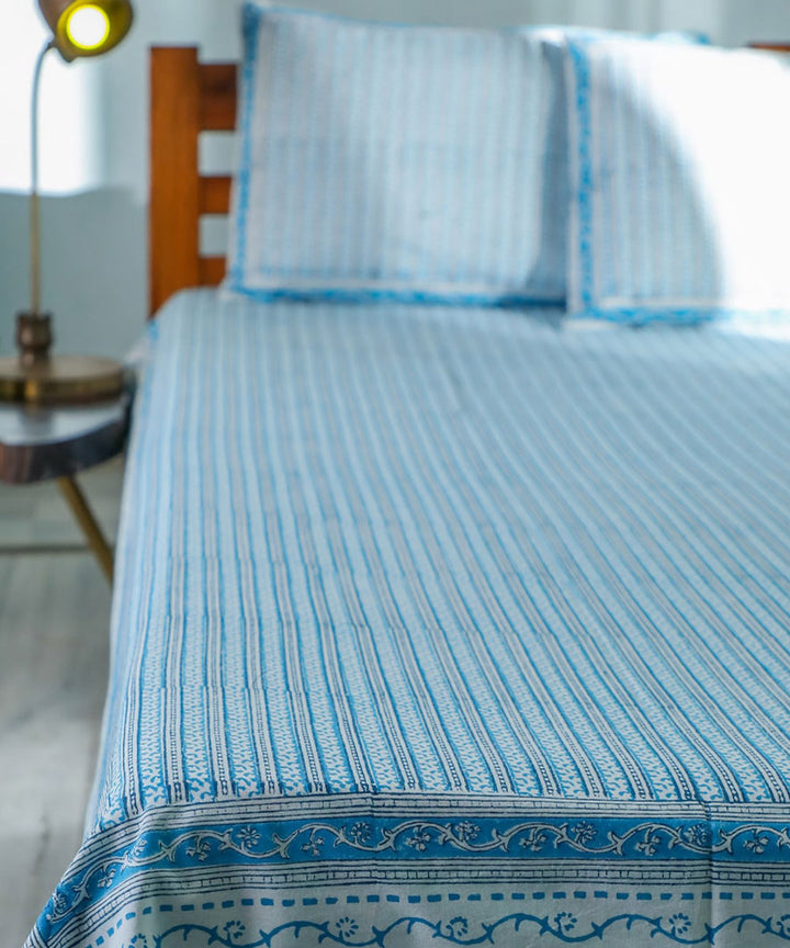 White blue block printed sanganeri cotton double bed bedsheet