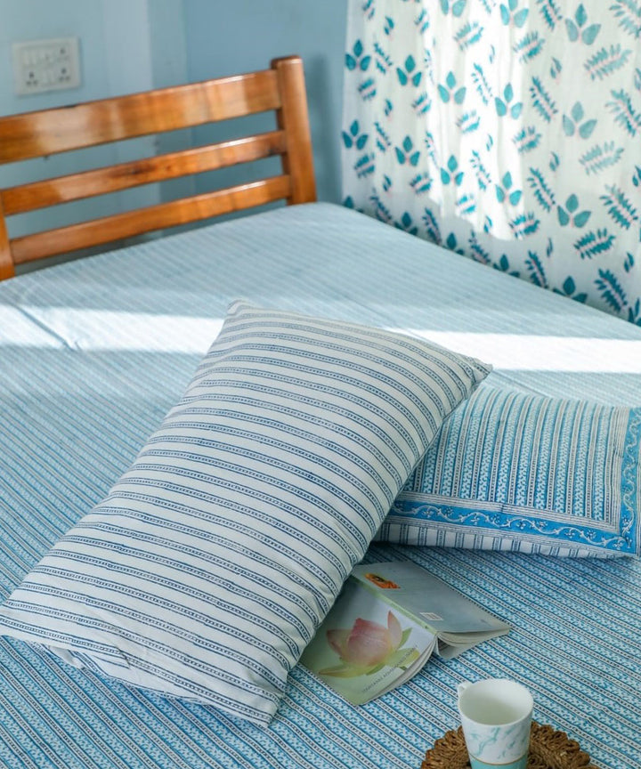 White blue block printed sanganeri cotton double bed bedsheet