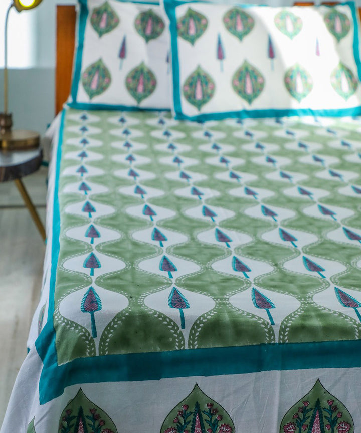White green block printed sanganeri cotton double bed bedsheet