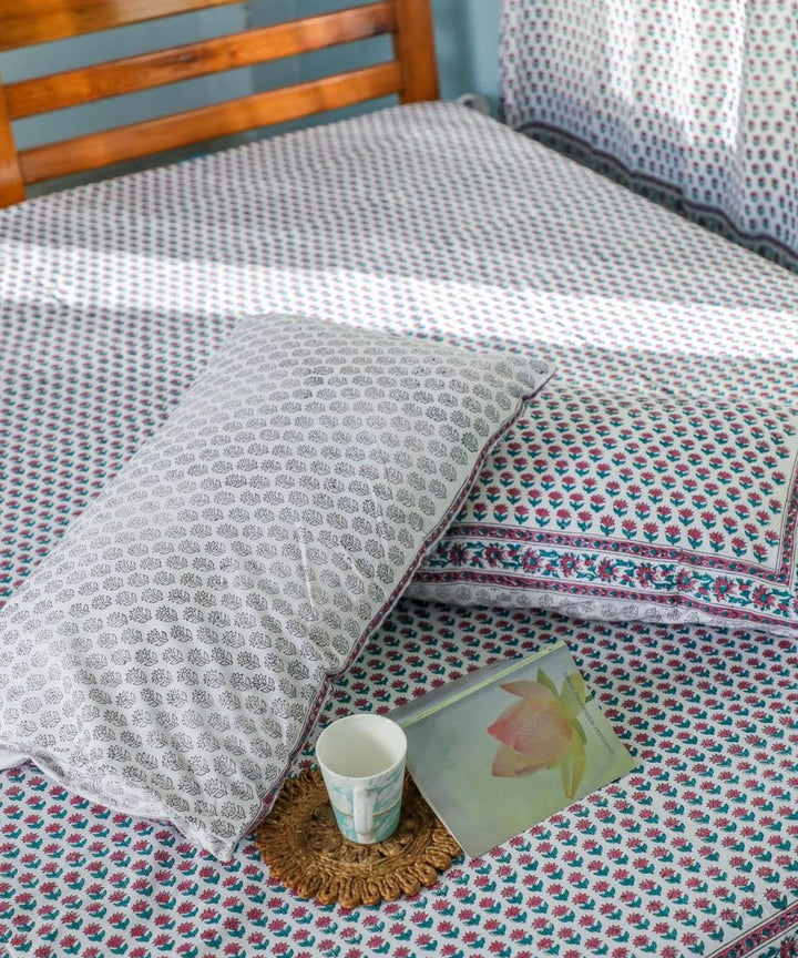 White multicolour block printed sanganeri cotton double bed bedsheet