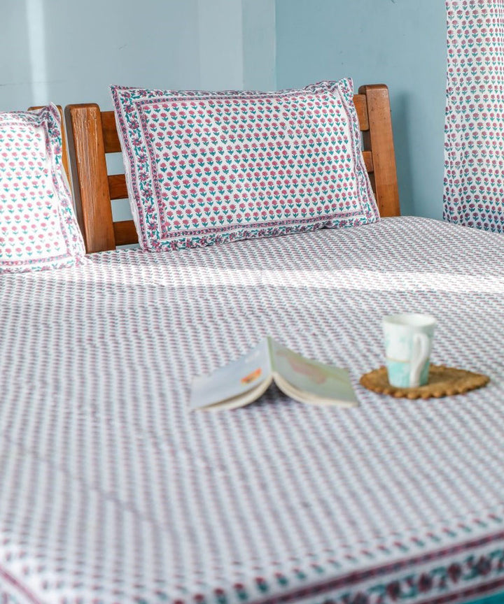 White multicolour block printed sanganeri cotton double bed bedsheet