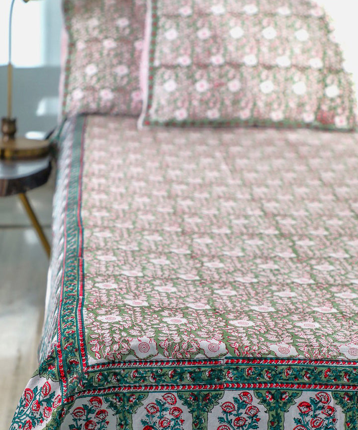 White multicolour block printed cotton double bed bedsheet