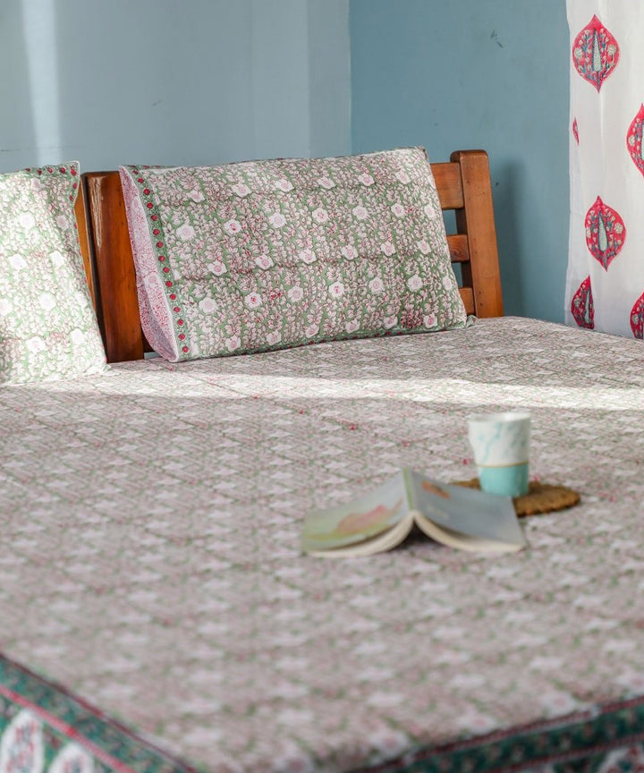 White multicolour block printed cotton double bed bedsheet