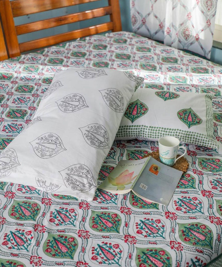 White green sanganeri block printed cotton double bed bedsheet